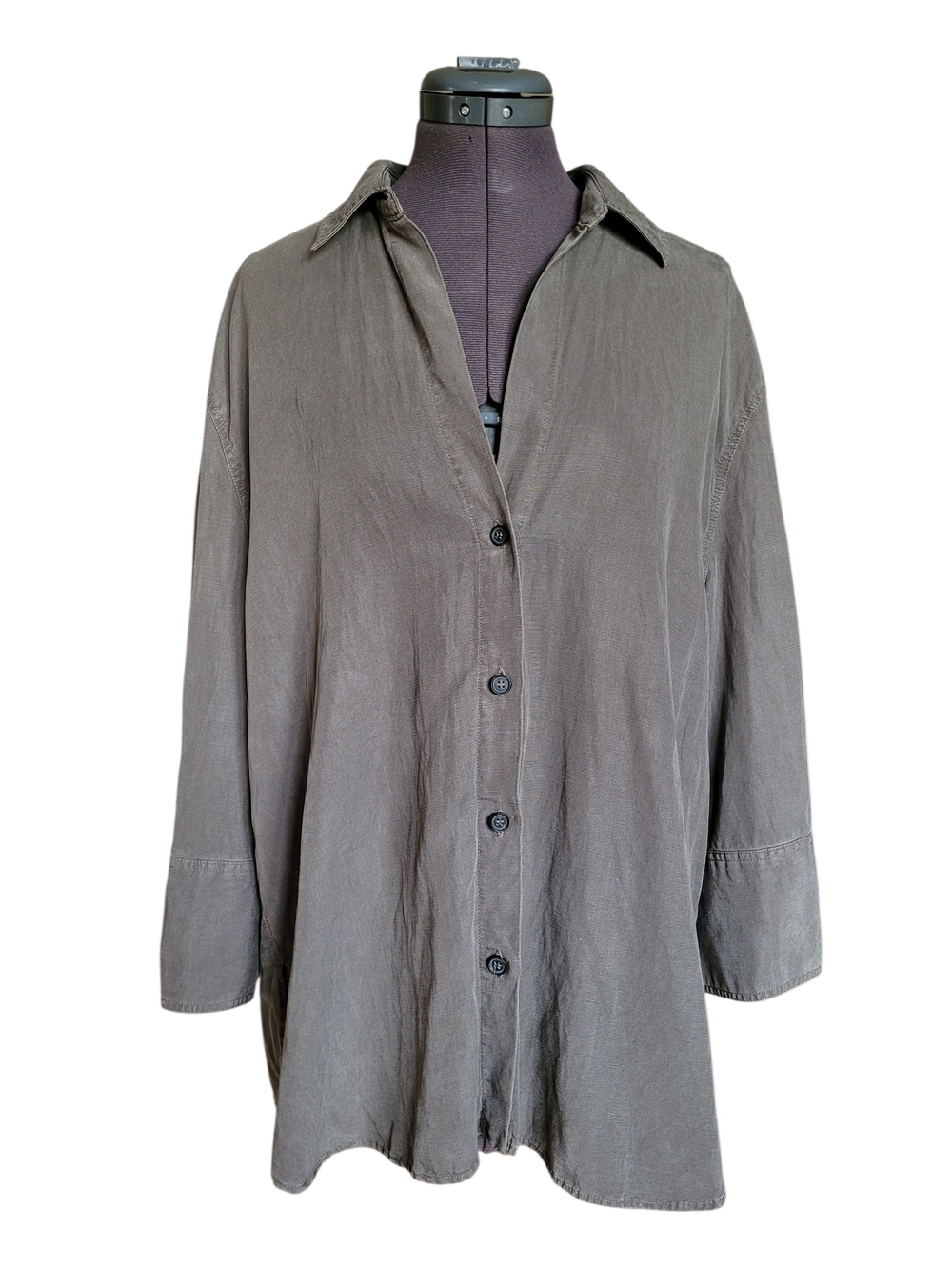 ZARA Lyocell Linen Blend Button Down Shirt Olive Gray Size M